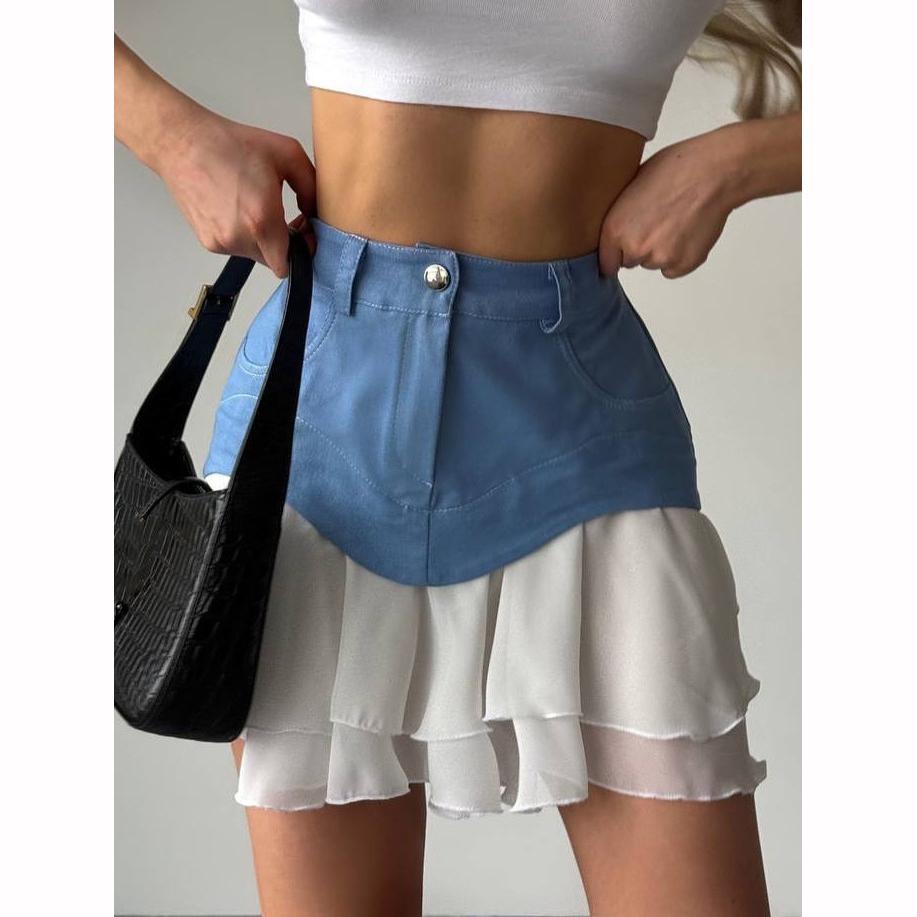 Summer Women's Ruffle Edge Cake Skirt Mini Dress High Waisted No Belt