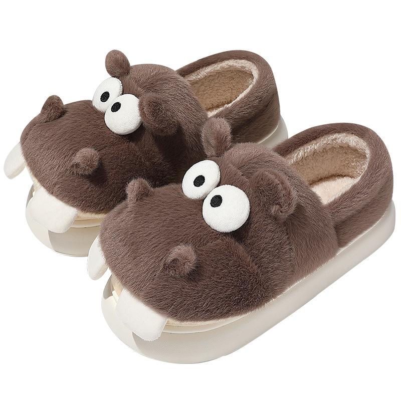 Cartoon hippo cotton shoes women's winter indoor home hair slippers cute warm velvet soft-soled cotton slippers men