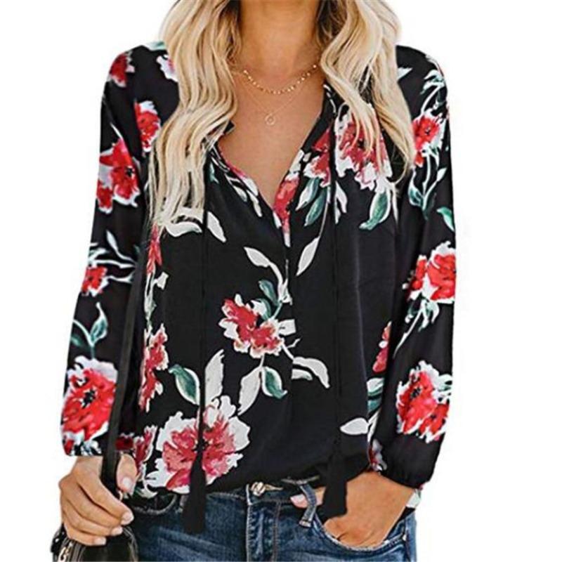 Women's Autumn Floral Printed Large V-Neck Long Sleeve Pullover Blouse Loose Drawstring Shirt Top
