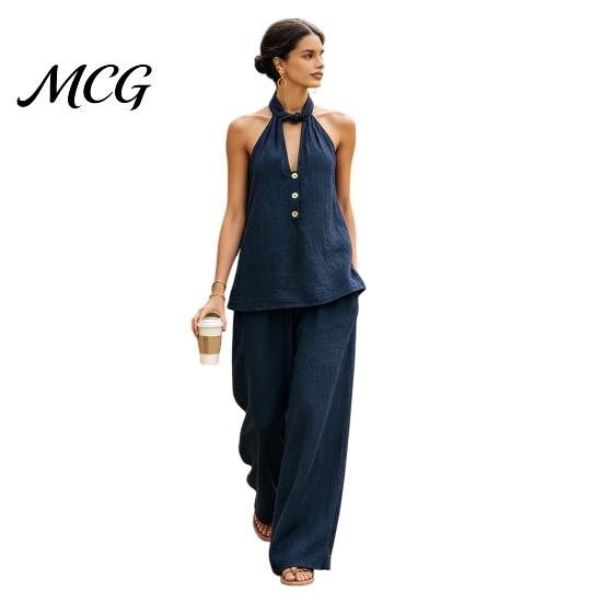 Versatile Women Outfit Summer 2 Piece Sets for Women, Halter V Neck Backless Top Breathable Fabric Suit And Wide Leg Pants Matching Set, Casual