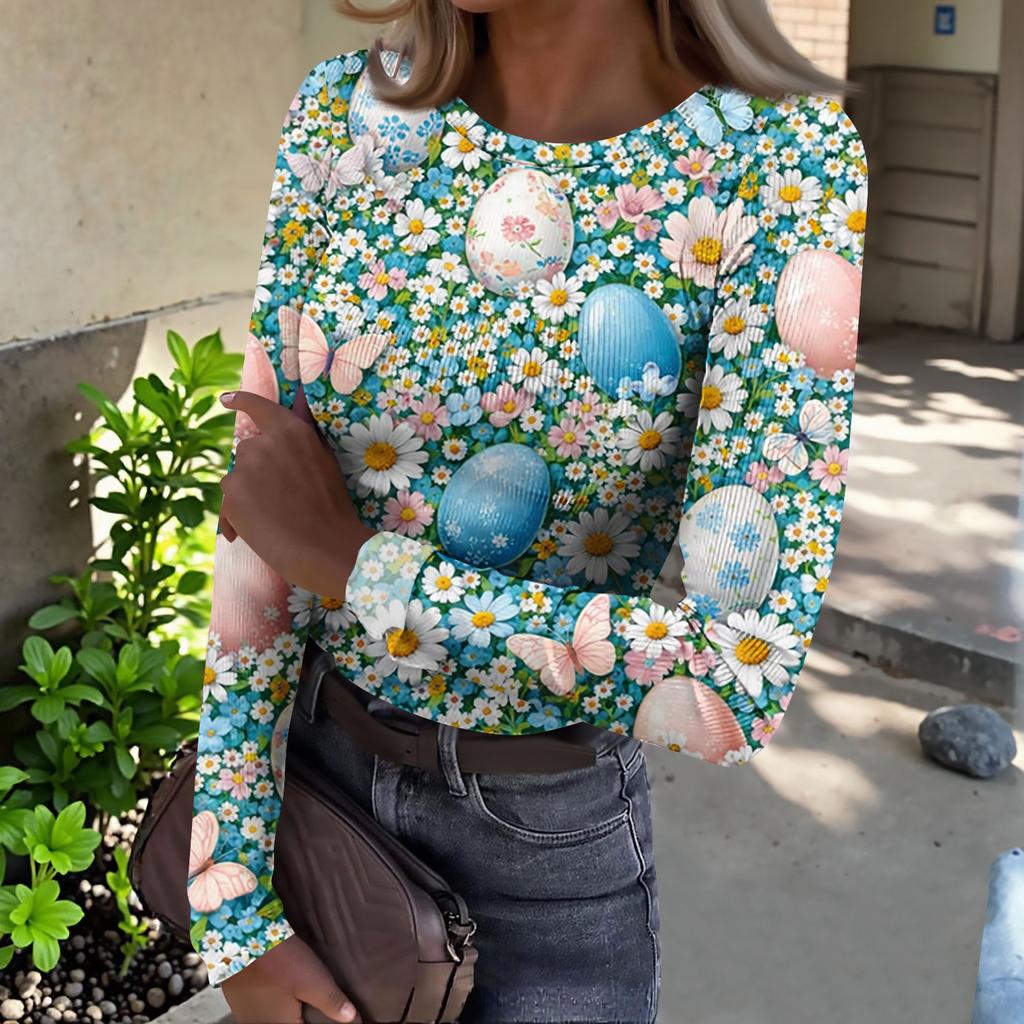 Women's And Winter Slim T-shirt Fashion Casual Printing Round Neck Pullover Long Sleeve Top