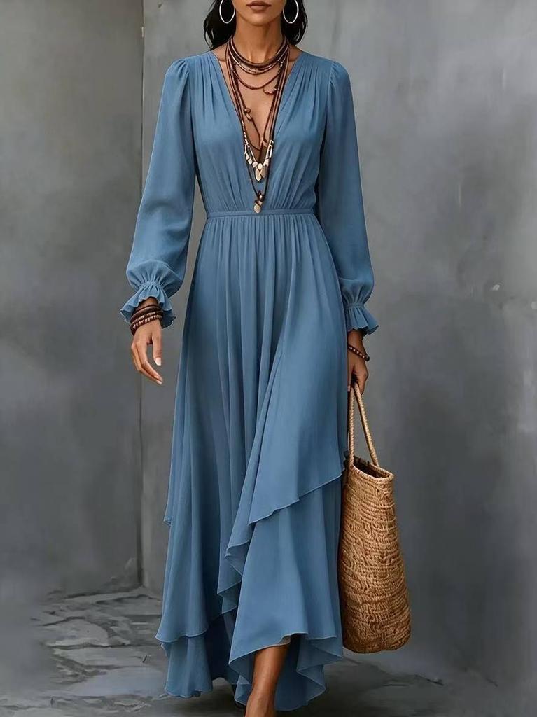 European and American women's solid color v-neck long dress Bohemian irregular ruffle edge chiffon long-sleeved dress