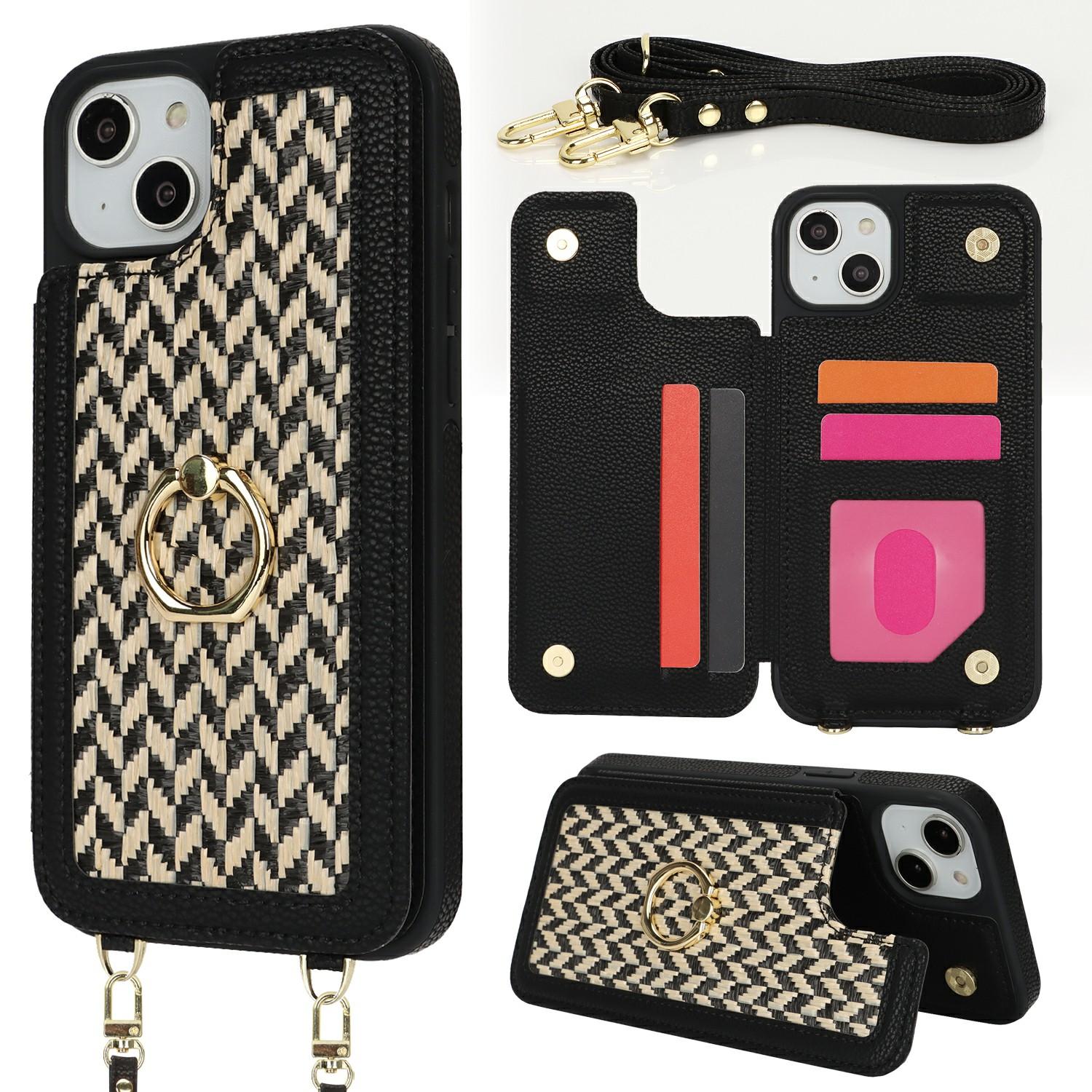 

For iPhone 14/13 Case with Card Holder,Kickstand,RFID Blocking PU+TPU Phone Back Cover Black