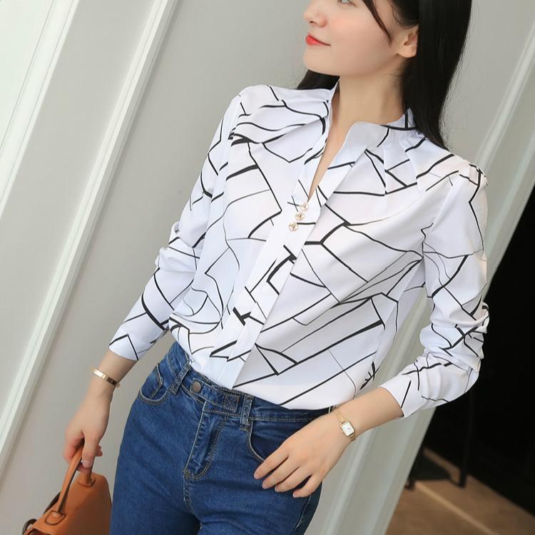 Kadın Moda Çizgili Baskılı Beyaz Gömlek V Yaka Dar Kesim Ofis İş Gömleği Bluz Üstler