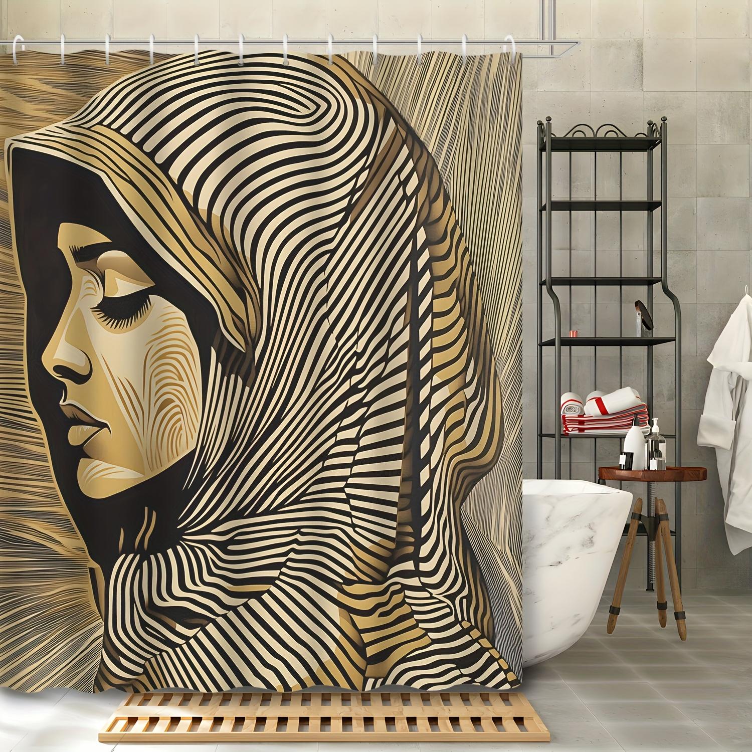 

1pc Abstract Geometric Black & Golden Hooded Figure Shower Curtain - Waterproof Polyester, Machine Washable, Includes Hooks for 90x180cm35x71in