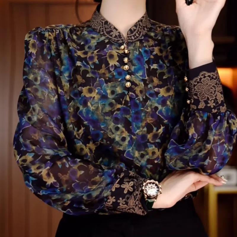 

Spring Autumn Stand Collar Long Sleeve Fashion Blouse Women High Street Casual Loose Printing Pullovers Vintage All-match Tops L коричневий