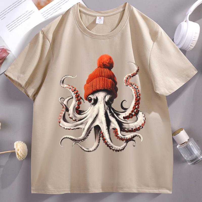 2026 Hot Sale Funny Octopus Wearing Beanie Retro T-Shirt Unisex Funny T Shirt 90s Graphic Tee Cotton Short Sleeve Male Tees Y2k Clothing Top