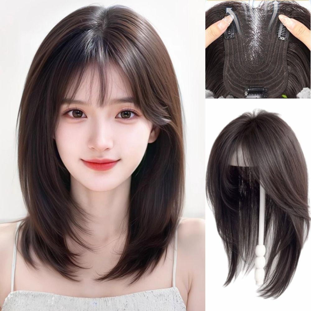 Synthetic Head Top Fake Hair Piece Hair Toppers Wigs with Bangs Cover White Hair & Hairline