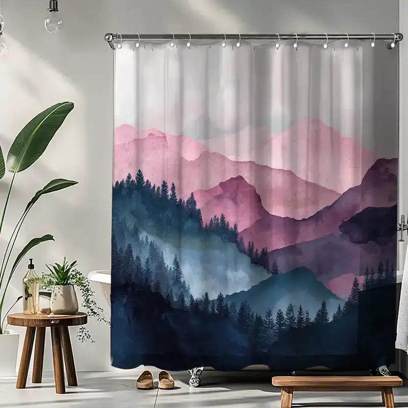 1Pc Landscape Painting Bathroom Shower Curtain, Dreamy Forest Theme Valentine'S Day Decor With 12 Hooks, 70.87X70.87Inch Home D