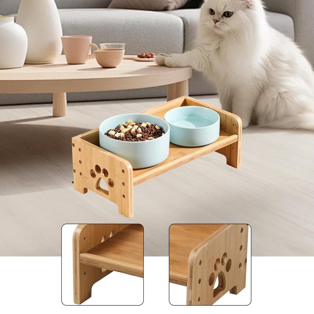 Dog Feeding Tray Bamboo Raised Bowl Stand Double Bowl Holder Non Slip Elevated Feeder for Puppies and Cats