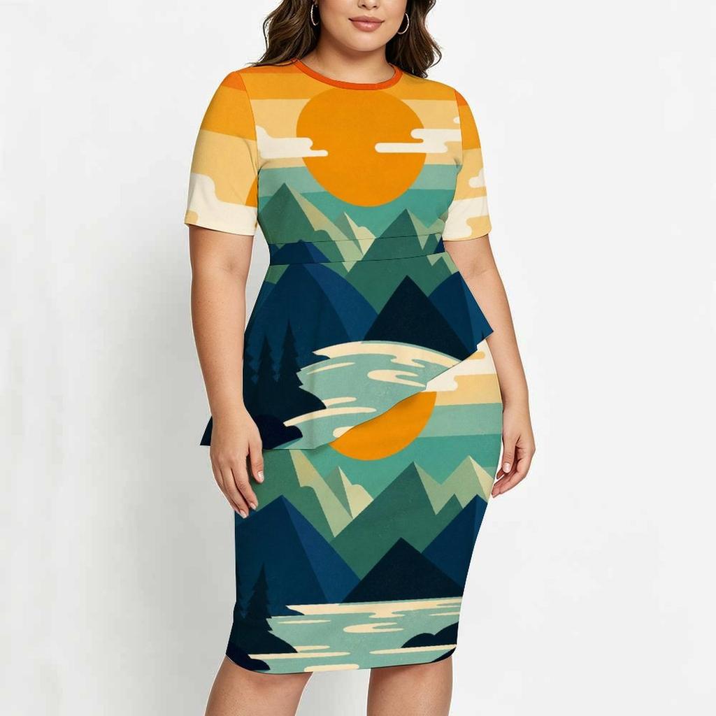 Women Plus Size Round Neck Short Sleeve Palm Tree Printed Gradient Asymmetric Top Fitted Skirt Two Piece Set