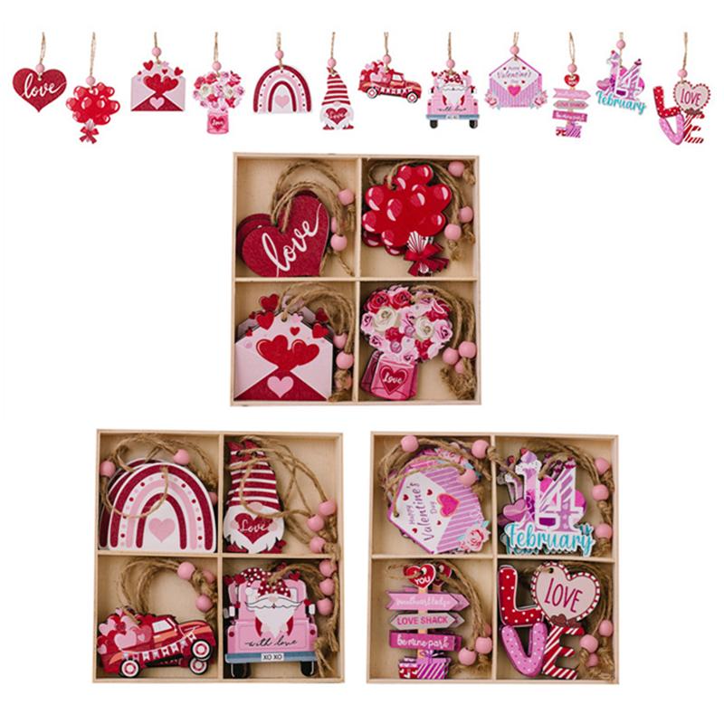 12Pc Valentine Hangings Wood Holiday Decoration Love Flower Valentine Ornaments Valentine'S Day Decorative Love Envelope Pendant