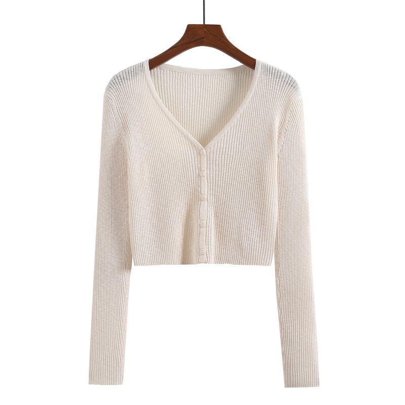

V Neck Gentle Ice Silk Short-Style Tops Knitting Cardigan Apricot L