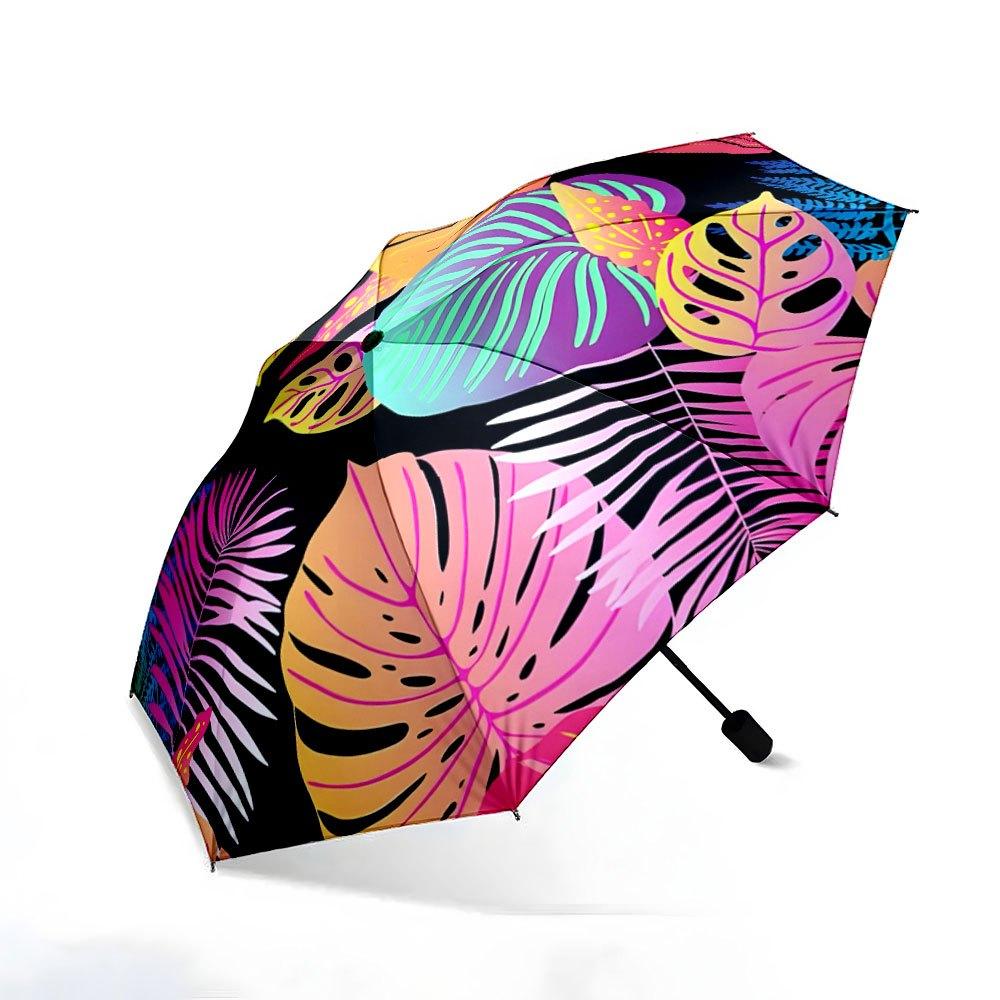 Folding Umbrella The umbrella features colorful tropical leaf patterns with prominent Monstera and Palm leaves. Fits Travel,H