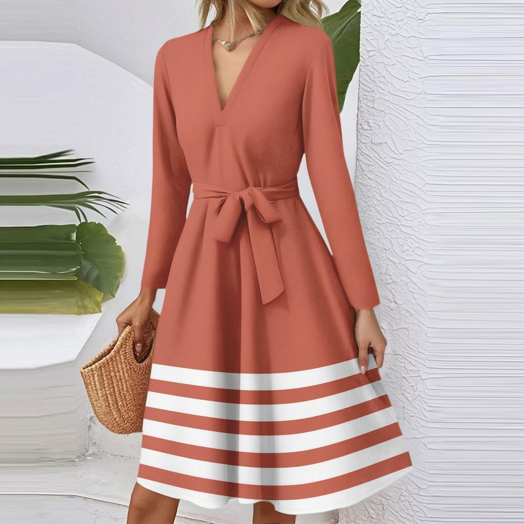 Women's Fashion Casual V-Neck Long Sleeve Waist Striped Printed Midi Dress