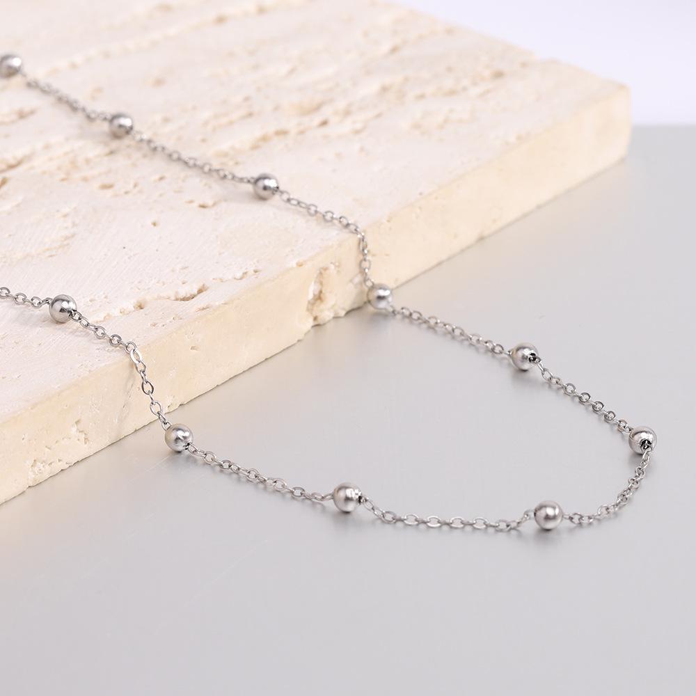 European & American Style Stainless Steel Necklace with Round Beads - 42cm O-shaped Chain, Versatile for Women