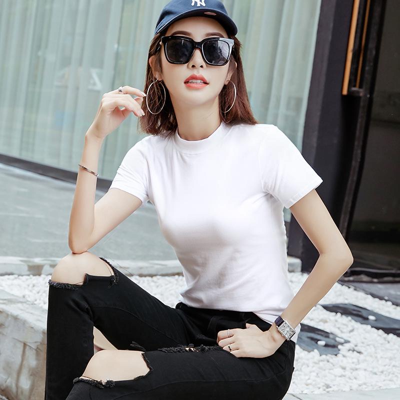 Damski dopasowany T-shirt w jednolitym kolorze z półwysokim kołnierzykiem - Czysta bawełna z krótkim rękawem Lato 2020