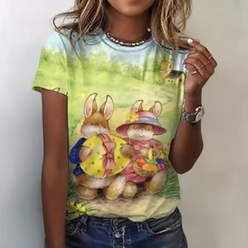 Rabbit Print Women's Top Crew Neck Short Sleeve Comfortable T-Shirts Women’s