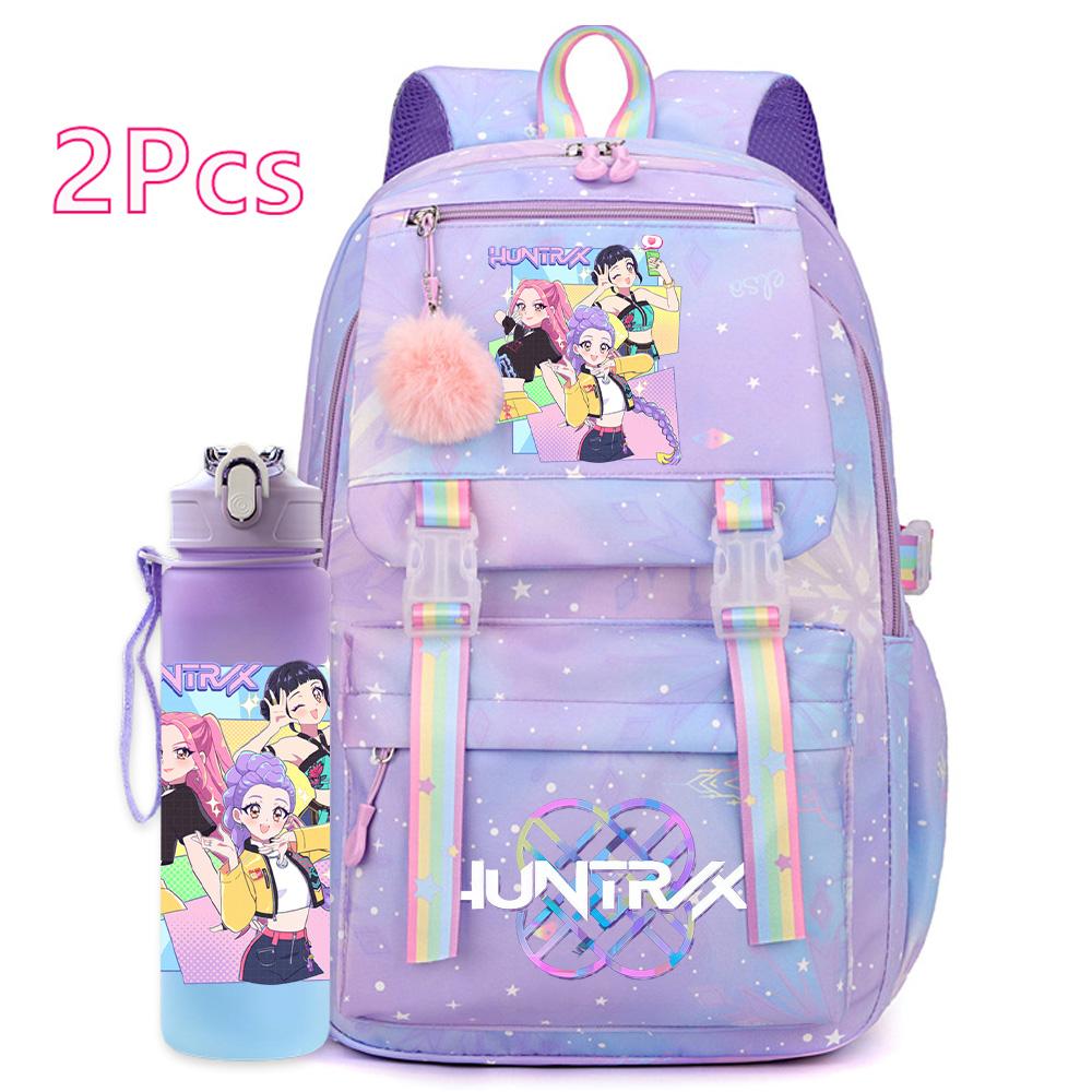 2 st/set Söt Anime Kpop Tryckt Ryggsäck 750 ml Vattenflaska Stor Kapacitet Resväska för Tonårsflicka Pojke Bokväska Barnpresent Rucksak