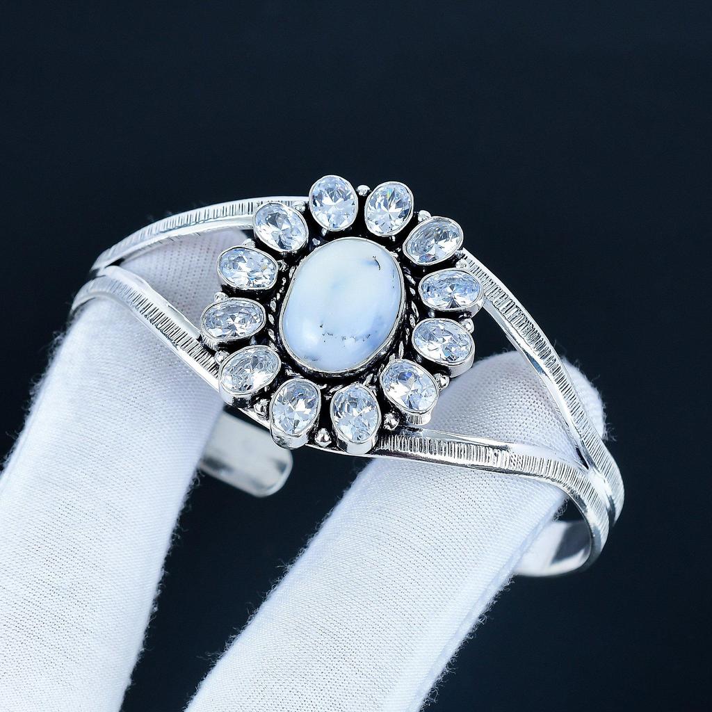 Beautiful Dendrite Opal Gemstone Handmade Cuff Bangle 925 Sterling Silver Cuff Bangle, White Topaz Flower Shape Bracelet For Wife, Unisex Bangle, Gift