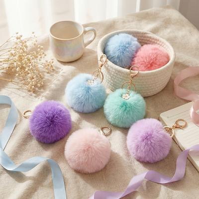 1pc Bohemian Pom Pom Keychain, Fluffy Faux Fur Ball Bag Charm with Flower, 6 Colors for Backpack Suitcase Keys