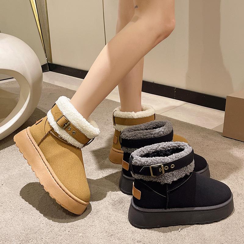 Dammode Stövlar Dam Plus Size Mocka Snökängor Casual Kort Skaft Sponge Cake Tjocksulade Bomullsstövlar Päls Plysch Sammetsskor 36-41