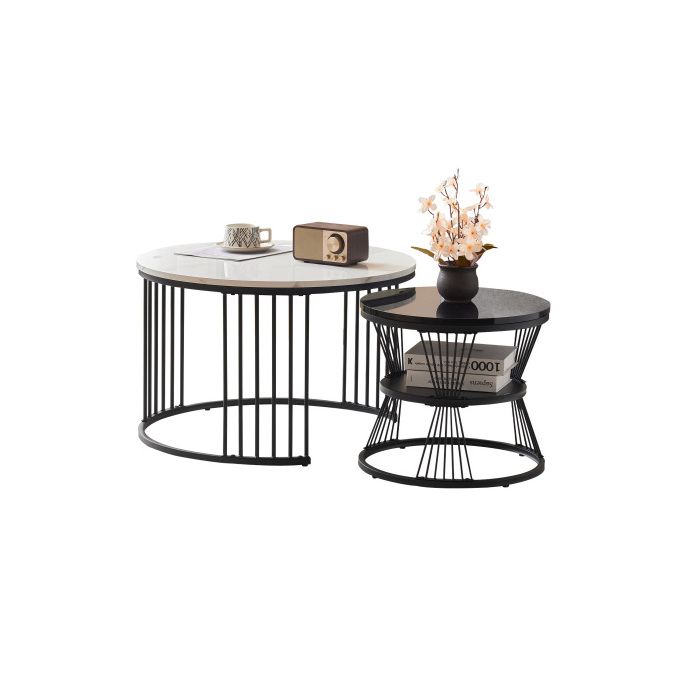 Table basse gigogne - MUVOE - Ensemble de 2 pièces - MDF brillant - Cadre noir - Design moderne