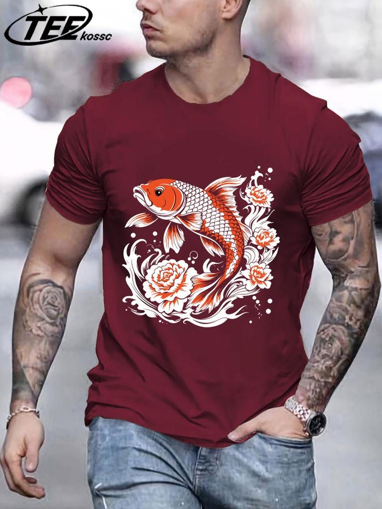 Japanese Harajuku Creative Lotus Koi Pattern TShirt Mens Summer Soft T Shirts Cotton Retro Sportswear Unisex Hip Hop Clothes