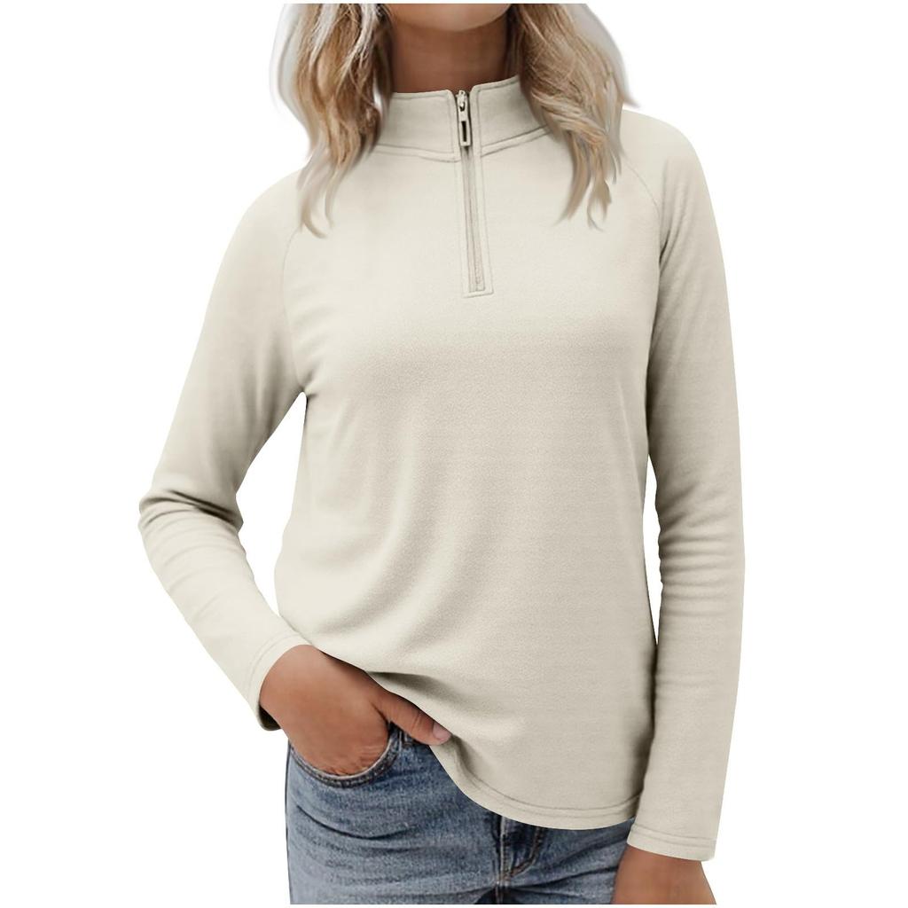 Women's Casual Stand Collar Zipper Velvet Solid Color Long Sleeve Top