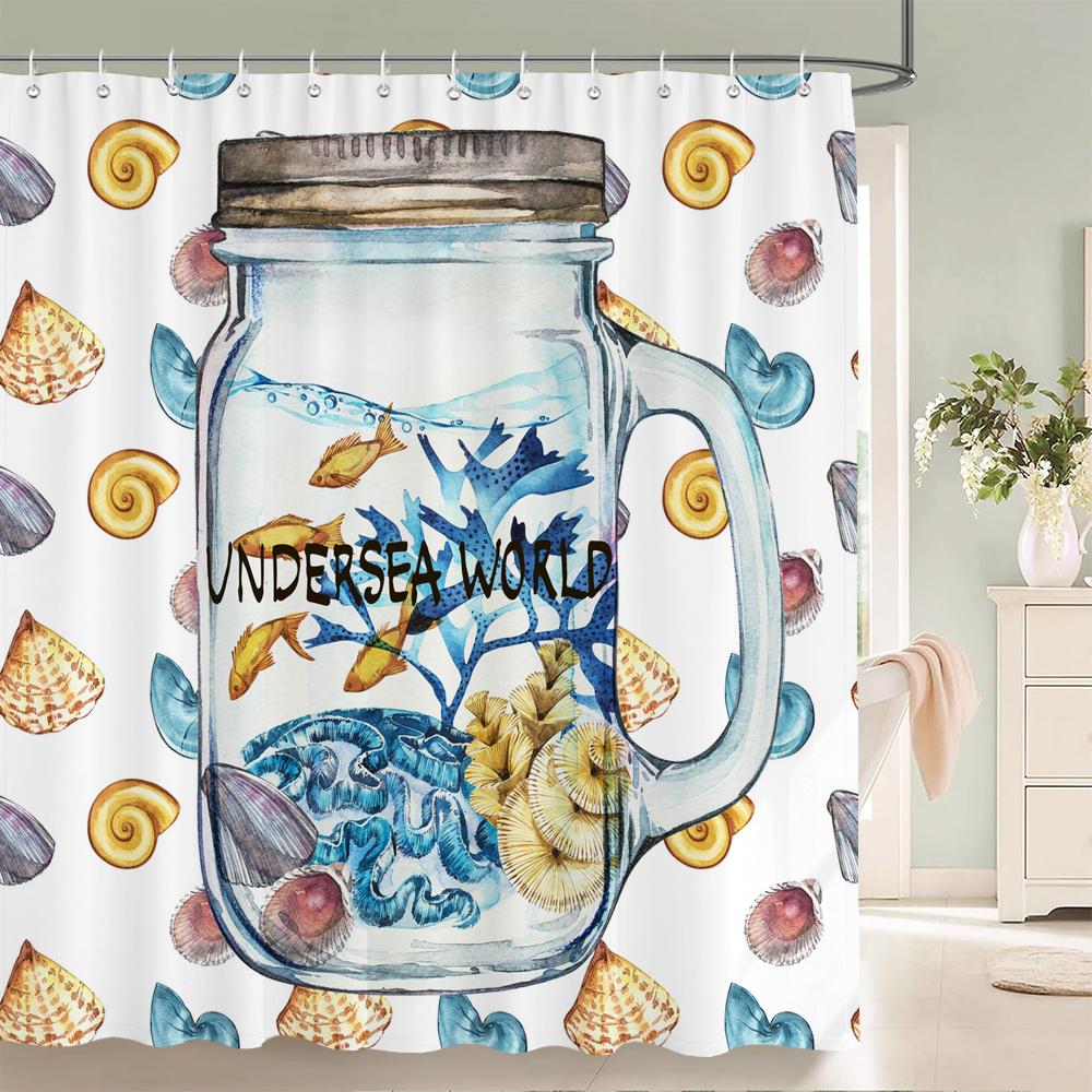 Dolphin Shower Curtain Blue Underwater World Marine Life Polyester Fabric Kids Ocean Theme Bathroom Decor Set With 12 Hooks