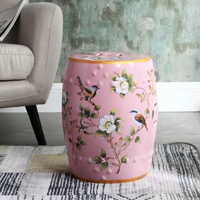 New Chinese Style Ceramic Drum Stool, Floral Bird Design Ottoman for Entryway&Living Room, Decorative Shoe Bench and Home Decor