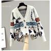 Women Cardigan Sweater Spring Autumn Long Sleeve V-Neck Wild Knitted Jacket Cartoon Printing Thick Sweater Cardigan Coat