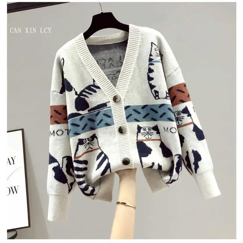 Women Cardigan Sweater Spring Autumn Long Sleeve V-Neck Wild Knitted Jacket Cartoon Printing Thick Sweater Cardigan Coat