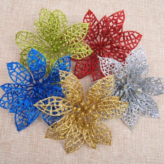 5Pcs Glitter Hollow Artificial Christmas Flower Ornament Xmas Tree Garland Decor