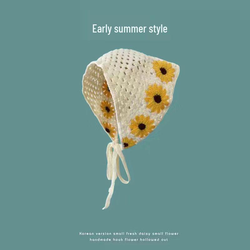 Korean Style Knitted Crochet Triangle Scarf: Women's Sweet Flower Headscarf Hat