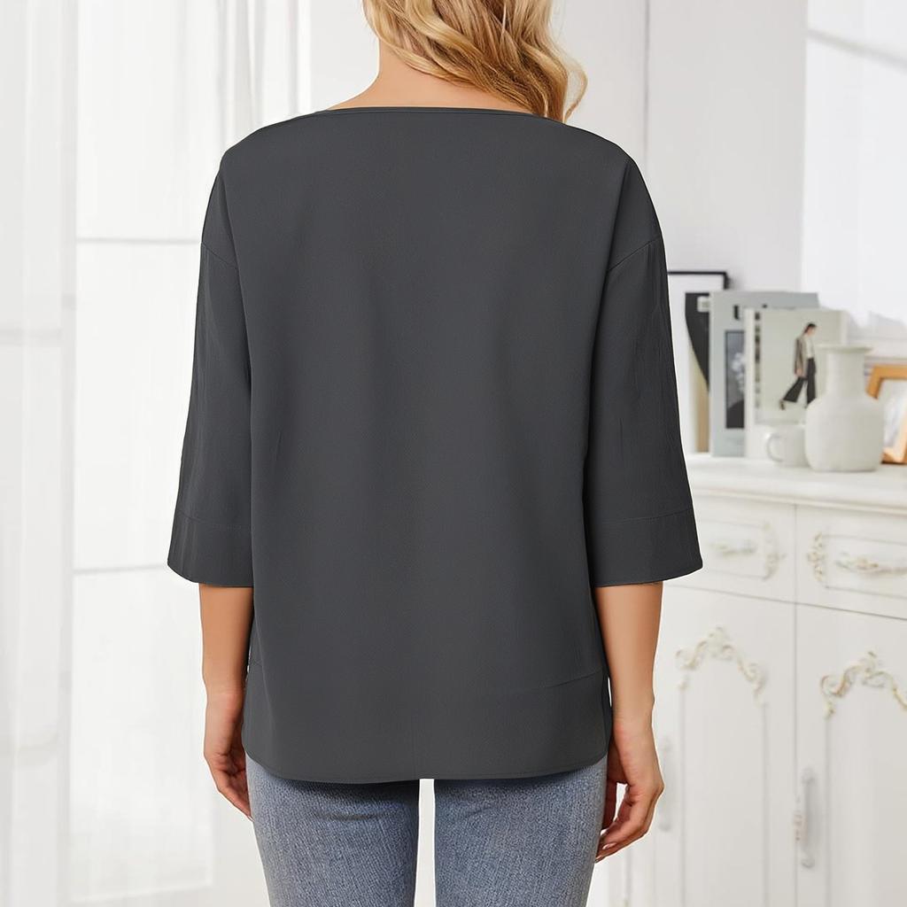 Ladies' Casual Fashion Solid Color V-neck Loose Slit Casual Solid Color Cotton And Linen Top