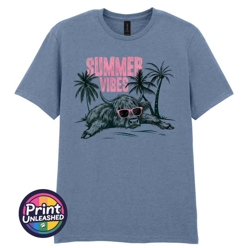Highland Cow Summer Vibes T Shirt Funny Scottish Cow Beach Holiday Unisex Tee