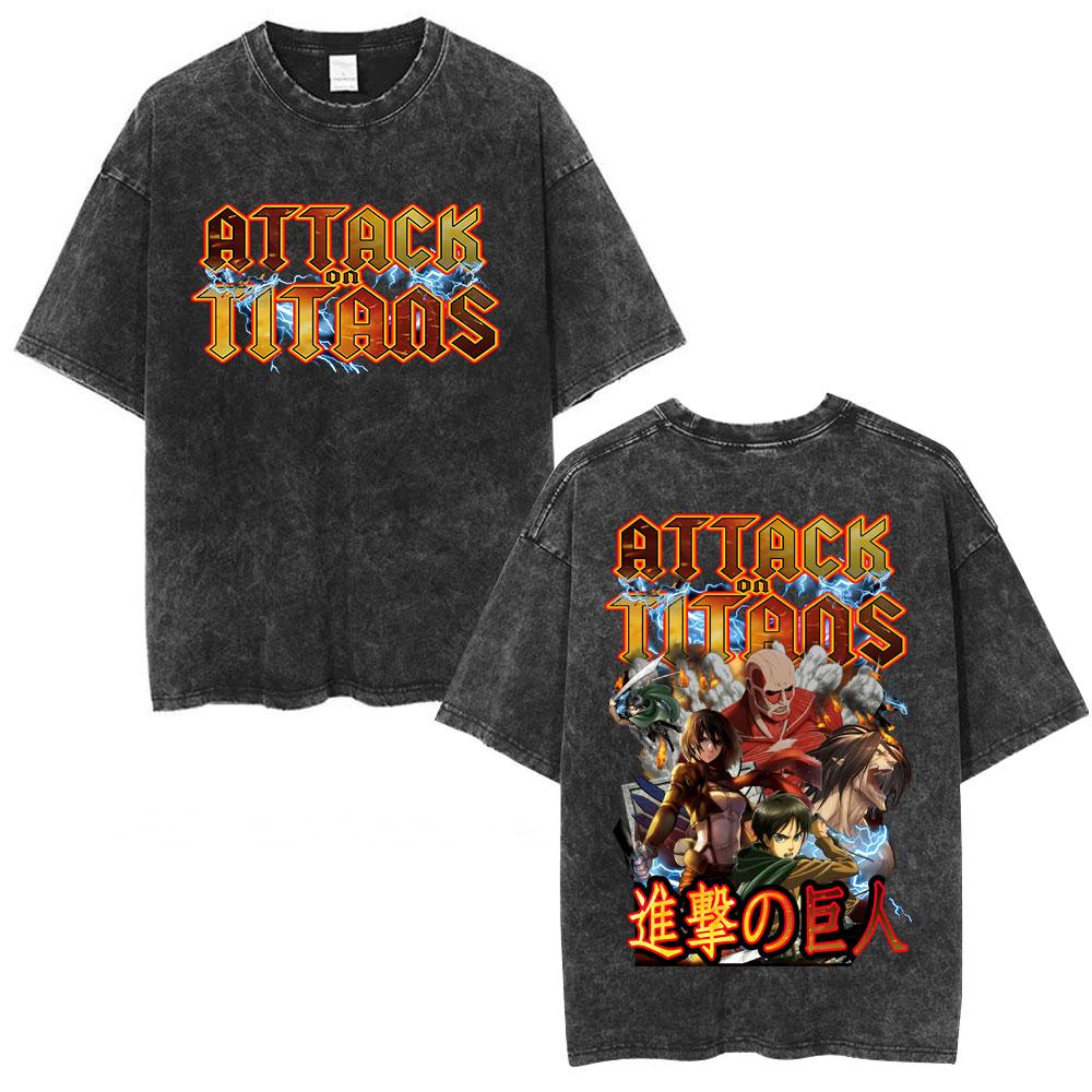 Anime Attack on Titan Washed T Shirt Men Cotton Casual Short Sleeve T-shirt Manga Levi Ackerman Oversized T-shirts Streetwear