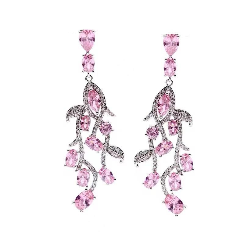 Fan Pink Fringed Leaf Stud Earrings Elegant Temperament Long Water Drop Earrings S925 Silver Needle