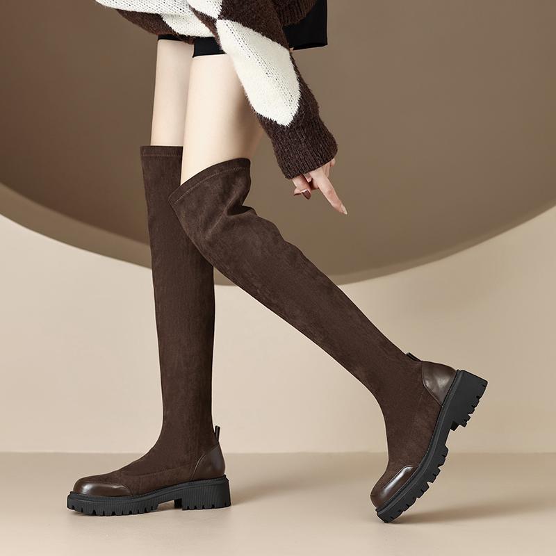 Krazing Pot Flock Autumn Winter Shoes Med Heels Size 43 Stovepipe Boots Round Toe Keep Warm Zipper Over-the-knee Boots