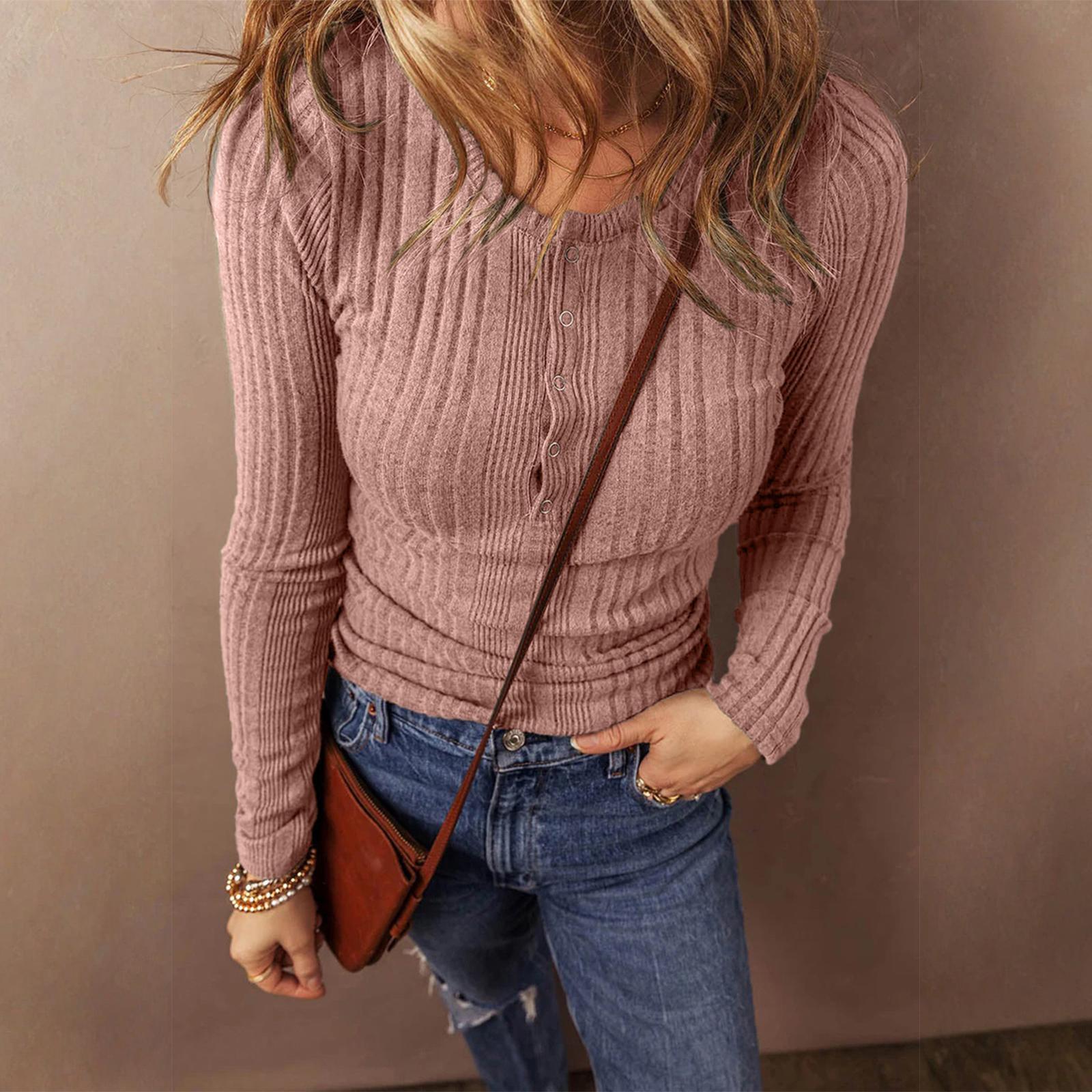 

Women s Fashionable Solid Color Long Sleeved Button Casual Base Shirt Pullover T-shirt Top L розовый