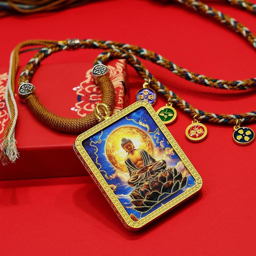 Hand-Painted Tibetan Thangka Amulet Necklace: Zodiac Eight Protectors - Acala, Amoghasiddhi, Vairocana Buddha
