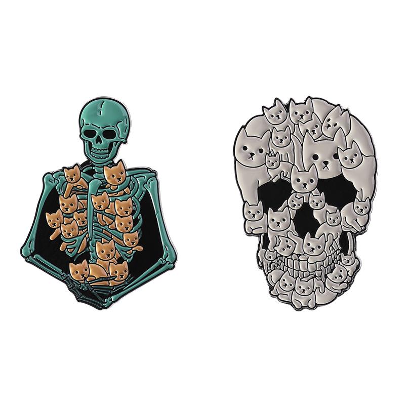 White Ghost With Cat Enamel Pins Spooky Pumpkin Skull Boo Kitten Halloween Brooches Lapel Badge Jewelry Gifts for Friends