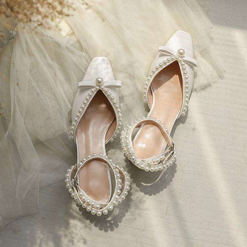 French girl bow pearl bag head single shoes women's heel thick heel retro Mary Jane shoes 2025 new sandals