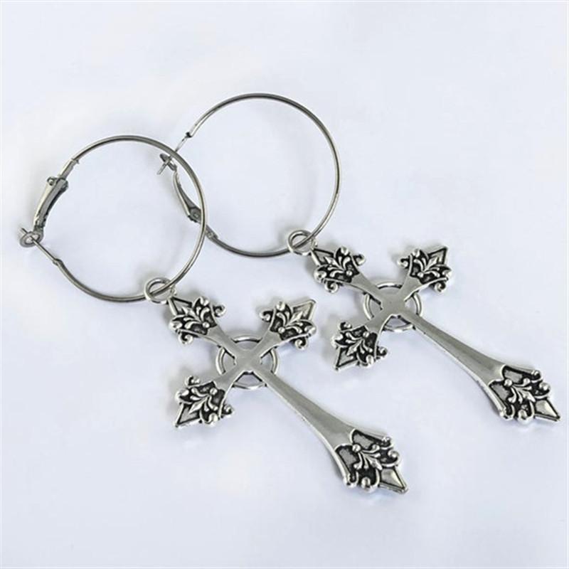 Gothic Hip-hop Silver Color Large Cross Arrow Pendant Dangle Earrings for Women Hallowmas Party Punk Hoop Earrings Jewelry Gifts