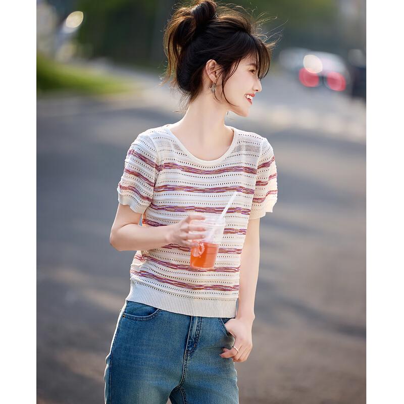 Women's Striped Hollow-Out Knit Short Sleeve T-Shirt