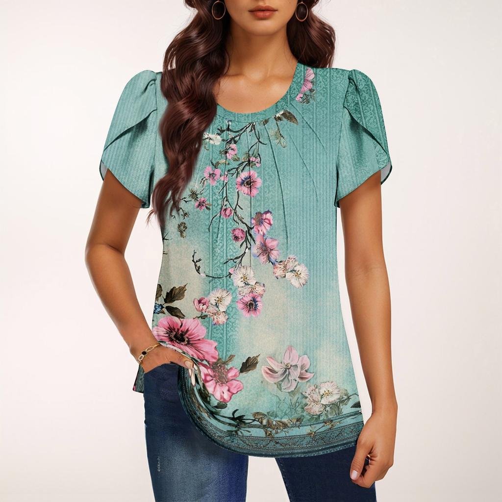 Damen Modisches Rundhals Kurzarm Bedrucktes Lässiges Basic Plissiertes Pullover T-Shirt Top