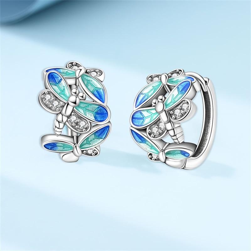 New 925 Silver Colorful Butterfly Dragonfly Iris Flower Earrings For Women Fashion Birthday Party Jewelry Gifts