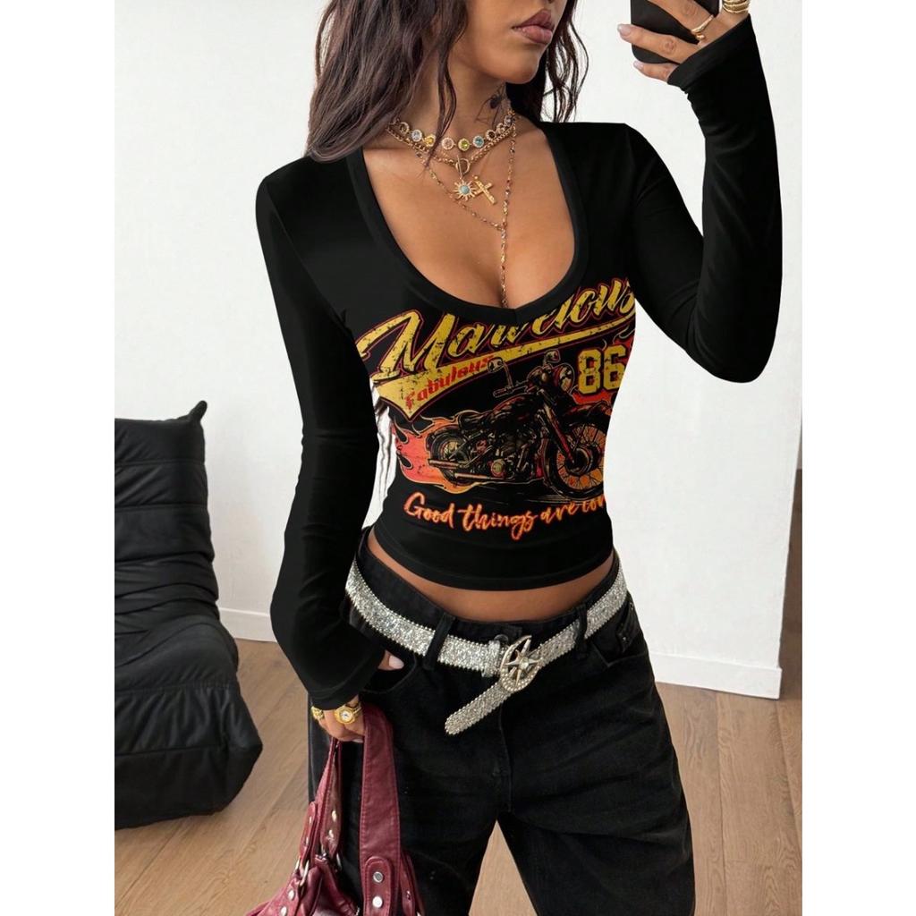 Y2K Streetwear V-neck Bustier T-shirt, Retro Two Tone Racing Uniform Style, Badge Printing with Letters and Numbers