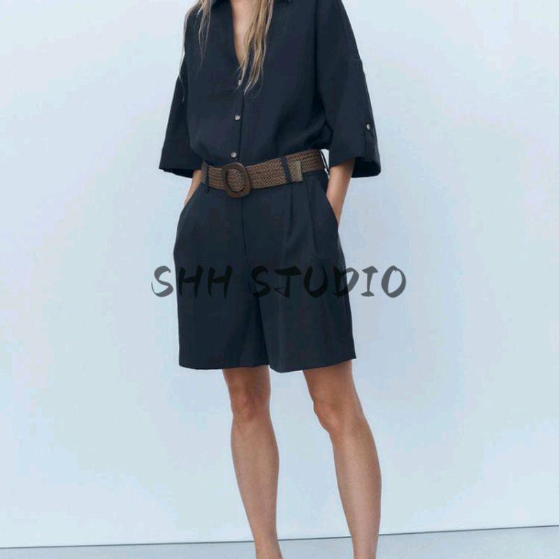 Single-Breasted Lapel Wide Short sleeve Loose Shirts 8372226 With Belt Pleated Casual Shorts 8372444